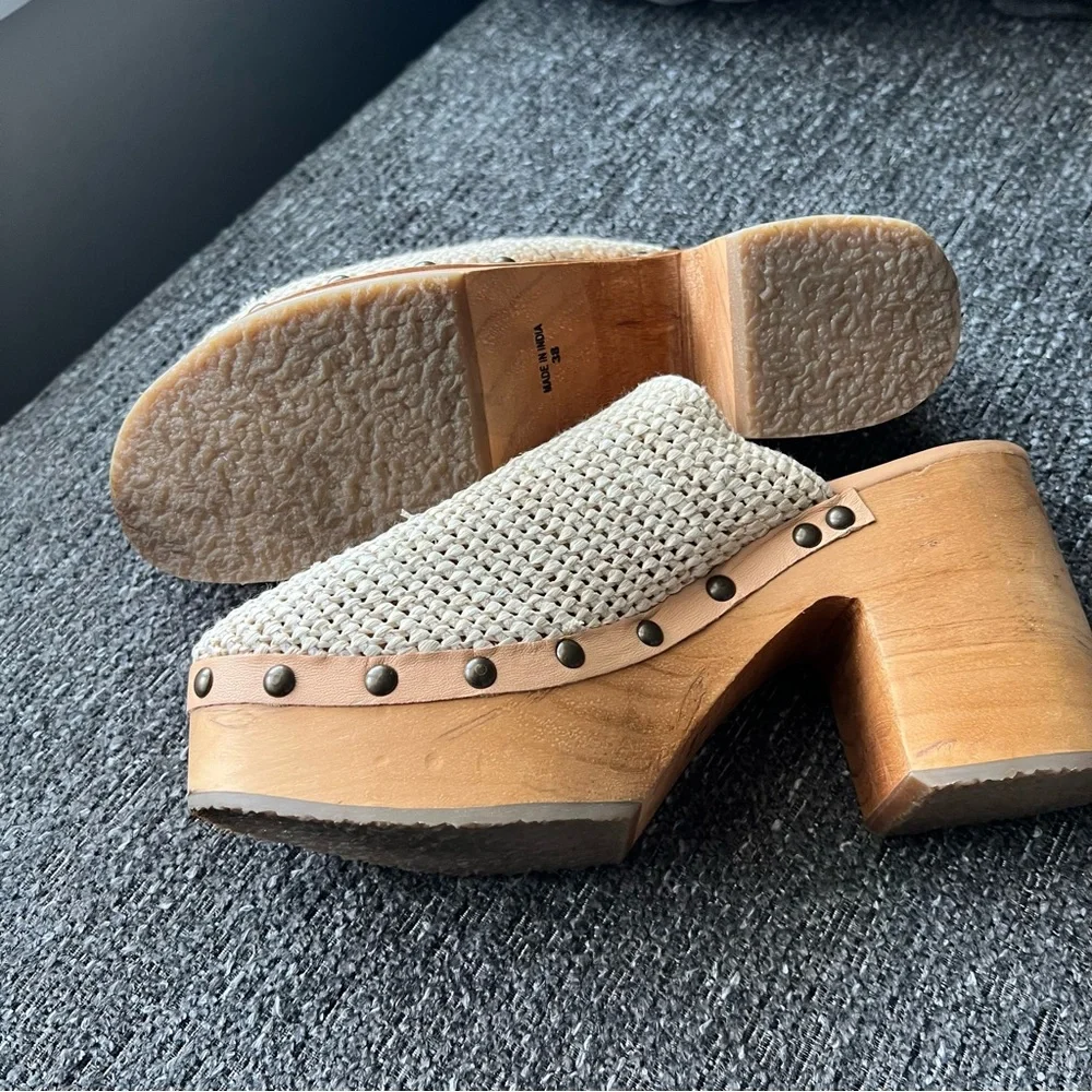 Free People Cream Tan Clog Mules with Wooden Soles - Picture 6 of 9